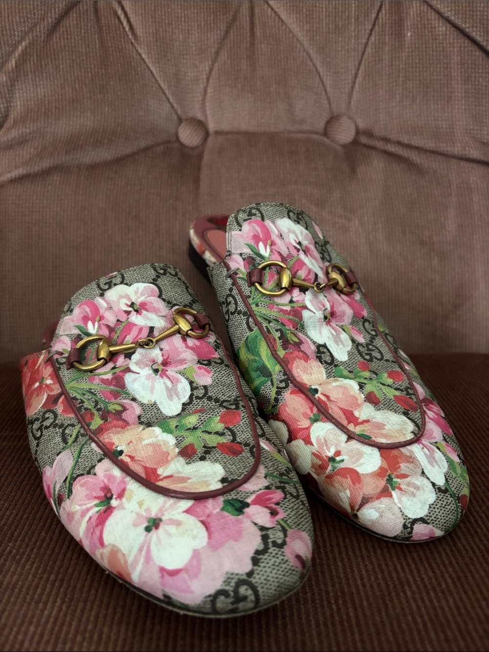 Gucci Blooms Horsebit Princetown Mules GG Floral Canvas Leather Slip On Pink Tan - Picture 3 of 17